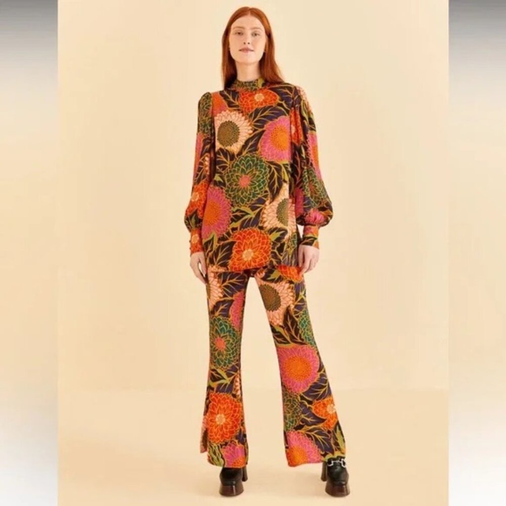 Farm Rio Multicolor Vintage Garden Satin Flare Pants